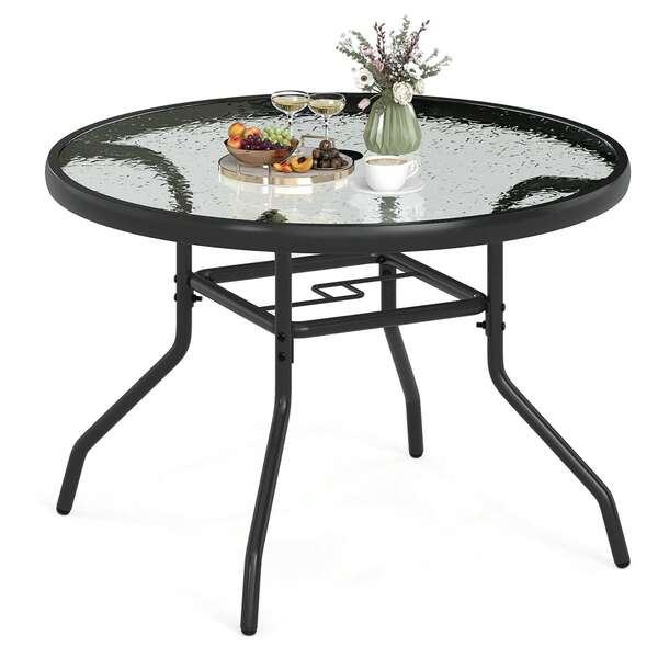  GOFLAME 70 Cm Outdoor Round Side Table, Patio Coffee Bistro Table With Tempered Glass Tabletop And Solid Metal Construction, Indoor Circle Accent Table For Living Room, Patio, Garden, Backyard And Balcony