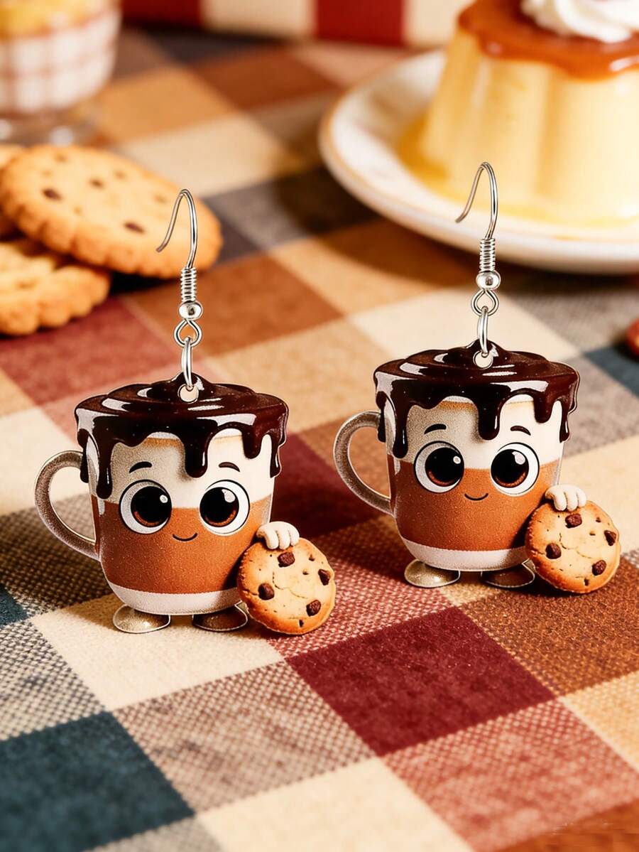 1 paire de boucles d'oreilles pendantes en acrylique avec motifs café et biscuits, convient pour le port estival des femmes, idéal pour les vacances et les fêtes, cadeau parfait pour les fêtes et les anniversaires - Multicolore - Voir 1
