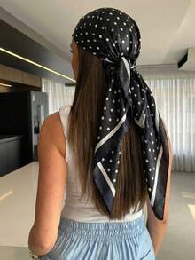 1件裝女款優雅波點緞面方巾，法式女士絲巾，輕盈透氣，適合多種場合，母親節禮物，法式女孩風 - 黑色 - 查看 6