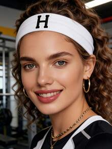 1PC A-Z Letter Custom Monogram Pink Headband For Women, Non-Slip Design Soft Yoga Sweatband, Stylish Women's Hair Bands & Fillet For Workout Beach Accessories Summer Outfits - White - View 4