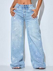 Quần jeans nữ ống rộng cạp thấp, màu xanh dương, kiểu dáng thường ngày, túi xéo, dáng suông. - Màu xanh nhạt - Xem 3