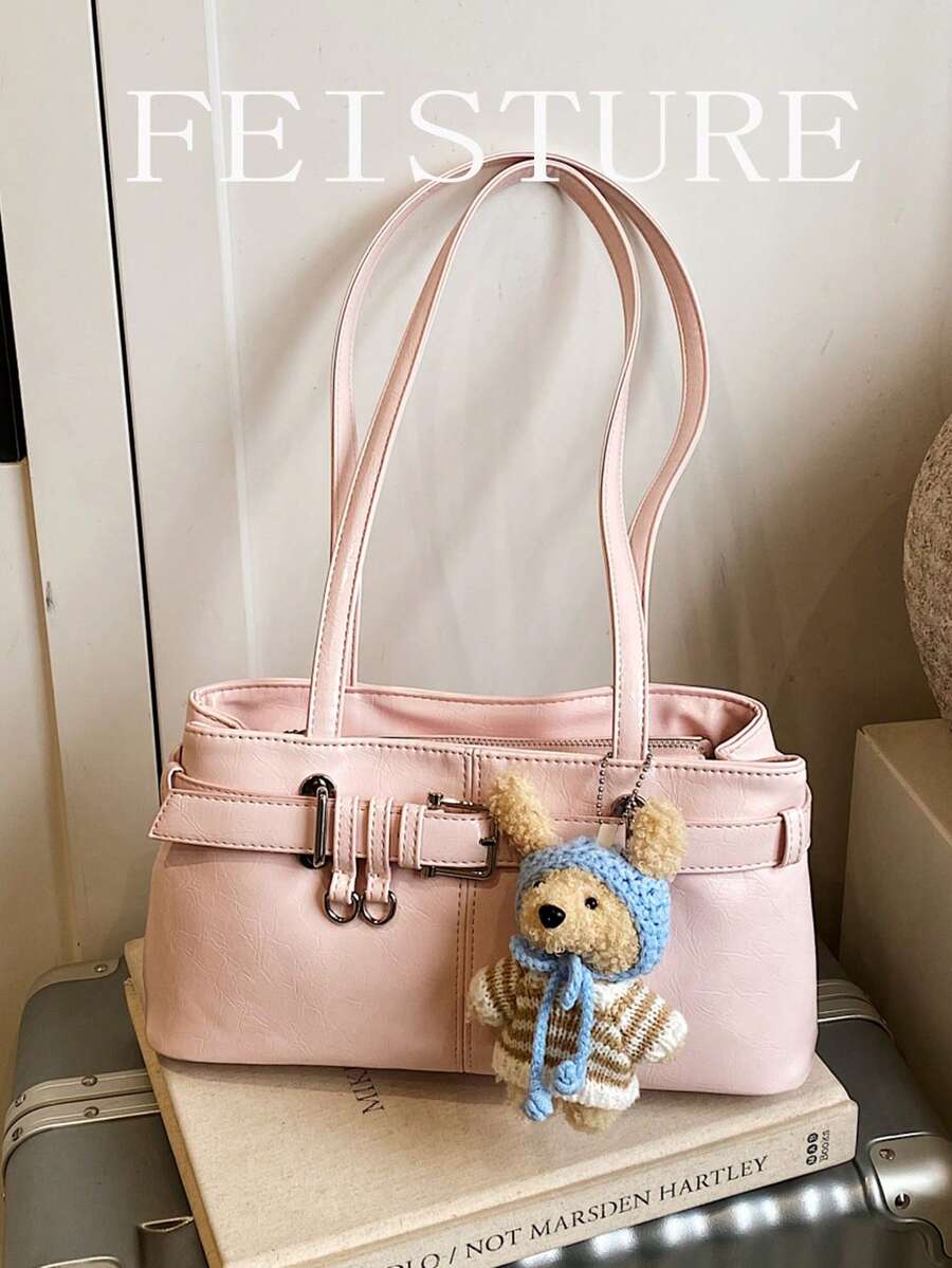 FEISTURE 1pc Spring/Summer New Fashion Women's Underarm Shoulder Bag With Buckle Decor And Pendant, Suitable For Daily Outings, Dates And Commuting