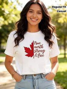Essential Canadian Red Maple Leaf True North Strong Printed T-Shirt For Men And Women |   Casual Round Neck, Short Sleeves, Spring/Summer Top, Round Neck, Regular Fit, Slightly Stretchy. Summer Tops For Women Round Neck Slim Fit Fitted Short Sleeve Cotton Tops For Women Soft Casual - trắng - Xem 3