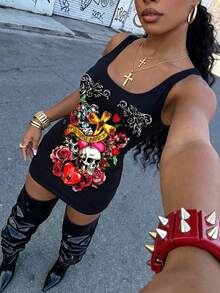 Vestido mini ajustado de mujer con gráfico de calavera, cruz y rosa en color negro sin mangas, estilo callejero sexy Y2K, adecuado para la moda callejera de verano - Multicolor - Ver 4