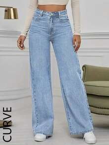 Women's Non-Stretch Plus Size Mid Waist Wide Leg Jeans, Loose Fit Casual Commute Versatile Straight Pants - 淺色水洗藍 - 查看 5