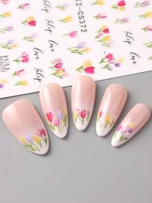 6入春夏花卉美甲貼紙 櫻花 扶桑花 雛菊 向日葵 鬱金香 花瓣葉片簡約美甲貼花 自黏式美甲裝飾貼 - 彩色 - View 11
