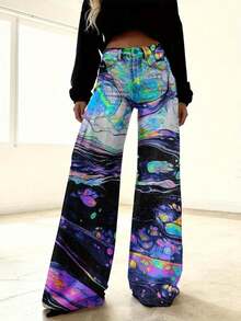 Plus Size - Elegant Women'S Plus Size Wide-Leg Jeans Pants |   3D Cosmic Swirl & Neon Galaxy Gradient, All-Season, Medium Stretch Fabric, All Over Print - 混色 - 查看 6