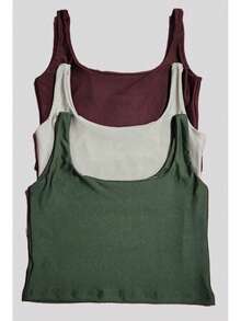 Set Of 3 Cropped Tank Tops, Blogger Style, New Release - Verde militar, beige, marrón café - Ver 6