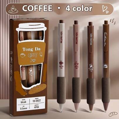 Bộ 4 bút bi bấm đầu mềm, màu cà phê, hồng, xanh dương, xanh lá cây, kiểu dáng Châu Âu, ngòi 0.5mm, nhanh khô, cầm thoải mái, đồ dùng học tập và văn phòng phẩm, đồ dùng học tập cho năm học mới, quà tặng ngày lễ.