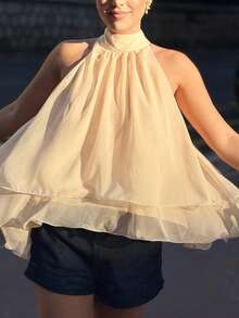 Women's Solid Color Ruched Halter Neck Versatile Casual Top - Light Yellow - View 1