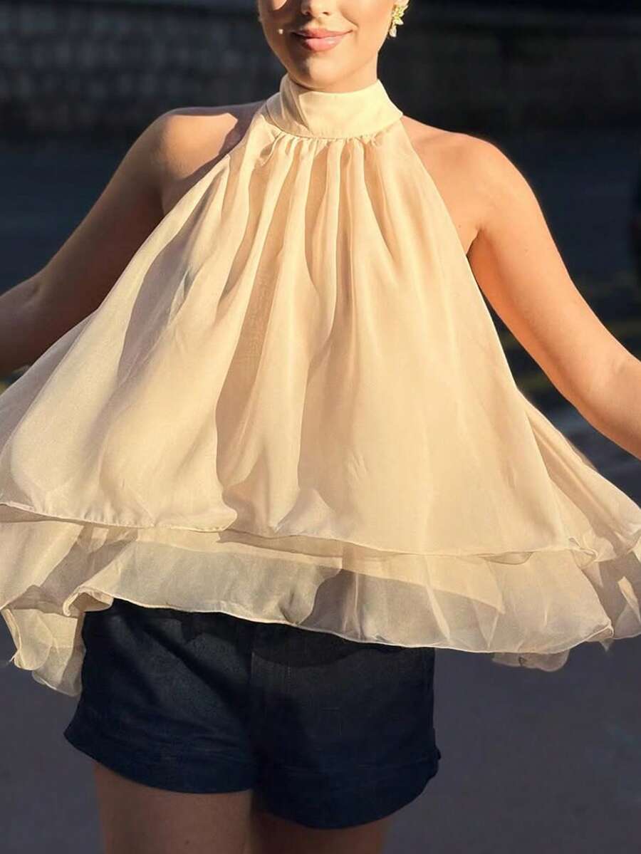 Women's Solid Color Ruched Halter Neck Versatile Casual Top - Light Yellow - View 1