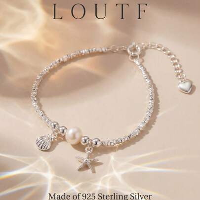 1 chiếc vòng tay bạc 925 đính ngọc trai và sao biển thanh lịch, món quà trang sức tinh tế dành cho phụ nữ, bé gái, thích hợp đeo hàng ngày, hẹn hò hoặc tình bạn.