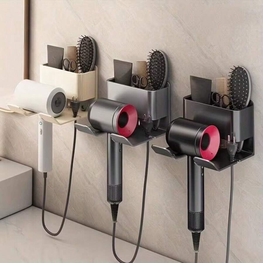 1pc Wall-Mounted Hairdryer Holder, Space-Saving Bathroom Storage Rack With Strong Adhesive, Suitable For Hairdryer, Phone, Brush, Razor, Cosmetics And More, No Installation Or Drilling Required