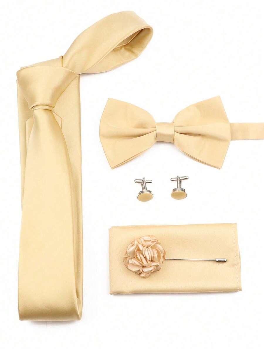 5pcs/Set Champagne Color Groomsmen Tie Set Including Tie, Bow Tie, Pocket Square, Boutonniere, Cufflinks, Wedding Attire, INS Style - Champagne - View 1