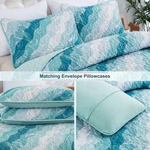 3 Pieces Coastal Quilt Set Queen King Size , Summer Beach Blue Green Ocean Theme Quilts With Pillowcases Microfiber Ocean Bedding Set Nautical Bedspreads Coverlet Lightweight Comforter For Wedding Items, Home Bed Room Decor, Ideal Gifts,All Season - 藍綠色 - 查看 5