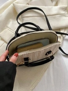 新款度假沙滩包，女士草编单肩斜挎包，贝壳手提包 - 黑色 - 查看 5