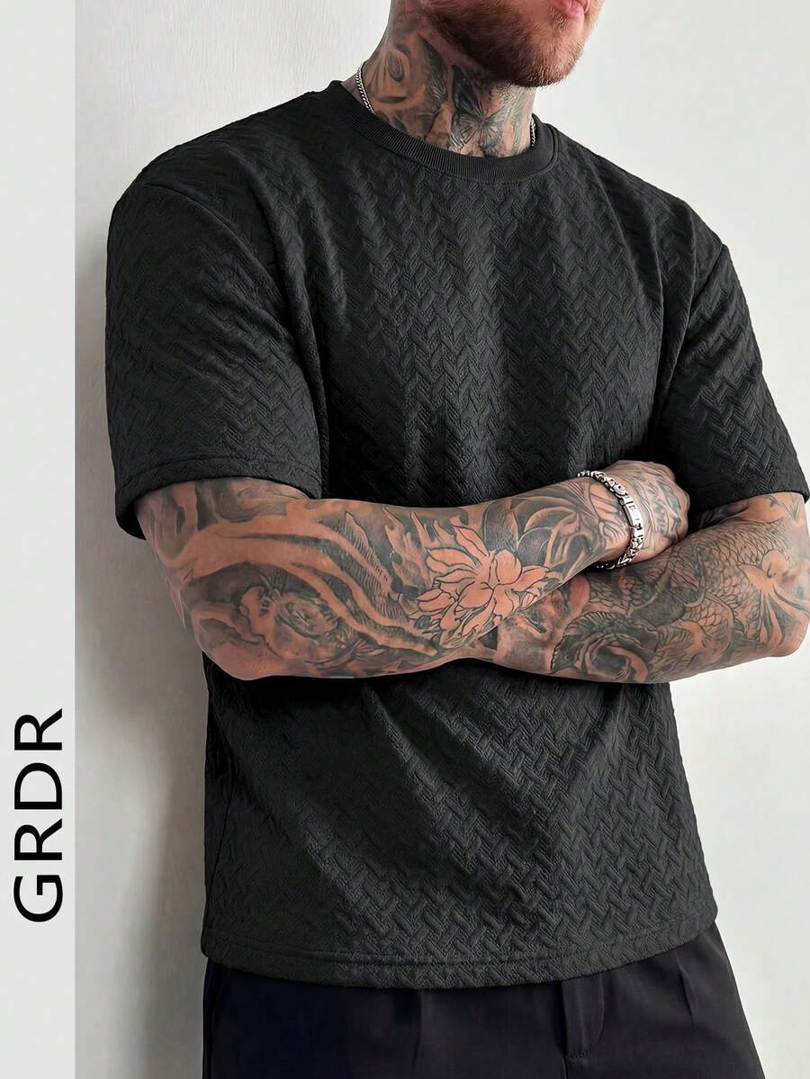 GRDR 纹理圆领T恤,休闲日常短袖时尚复古风男士款 - 黑色 - 查看 1