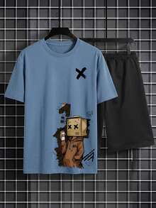 Simple Studio | Men's Summer Casual Round Neck Short Sleeve T-Shirt And Drawstring Waist Shorts Set - Dusty Blue - View 5