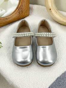 1 Pair Girls' Mary Jane Dress Shoes With Pearl Decor, Hook And Loop Closure Flat Shoes Suitable For Party, Ceremony And Daily Wear - Silver - View 7