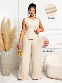 BIUBIU Conjunto Elegante de 2 Peças Plus Size para Mulheres, Incluindo Top Regata com Gola Redonda e Botões e Calça Perna Larga, Tecido Elástico Médio para Verão - damasco claro - Visão 5