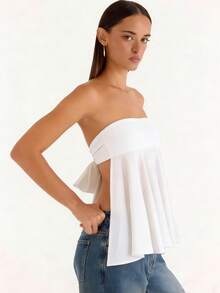 Women Summer Flowy Tube Top Y2k Solid Color Strapless Off The Shoulder Loose Fit Babydoll Bandeau Crop Tops Backless Sleeveless Going Out Tops Vests Shirts Casual Streetwear - 露背-白色 - 查看 4