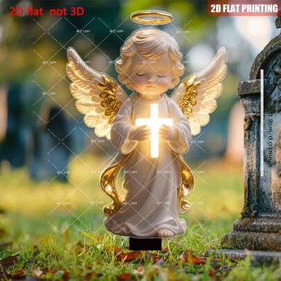 2D Flat, 1pc Bohemian Praying Illuminated Angel Holding Cross Garden Statue Decor - For Cemetery Memorial, Mourning And Gravestone Decoration, Indoor/Outdoor Religious Memorial Suitable For Easter, Thanksgiving, Christmas, Durable Plastic Ground Stake Design, Easy Installation, Holiday Decor Figurine, No Battery Required Outdoor Decoration, 2D Flat, 1 Piece