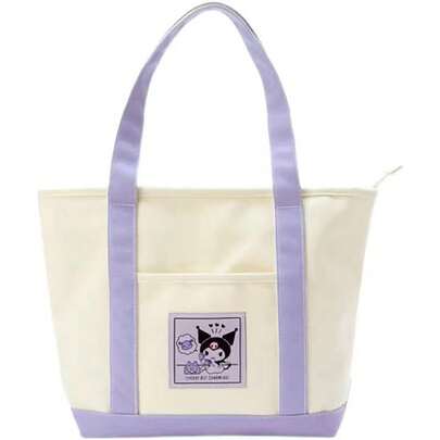 SANRIO 1pc Cute Hello Kitty Cartoon Print Color Block Canvas Tote Bag, Beige And Black Large Capacity Canvas Handbag, Thick Durable Canvas Material, Front Pocket Design, Zipper Closure, Casual College Style Shoulder Bag, Commuting & School Bag, Office Document Organizer, Mommy Bag, Travel & Shopping Bag, Student Large Capacity Book Bag, Lightweight Anti-Fouling Daily Commute Bag, Multifunctional Practical Canvas Tote