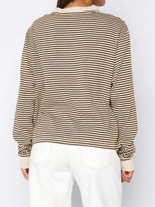 Vaiaye Spring/Summer Striped Contrast Color Round Neck Long Sleeve Top, Minimalist Loose Women T-Shirt, Suitable For Daily Wear And Commuting Casual - Apricot Coffee - View 2