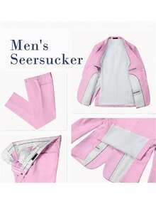 Men's Two-Piece Suit, Seersucker Fabric, Elegant Suit Jacket, Matching Trousers, Casual Business Wedding Suit, Men's Formal Suit, Wedding, Business Caformal Event Attire, Elegant Men's Wear, Exquisite Appearance, High-Quality Seersucker Material - 粉色 - 查看 5