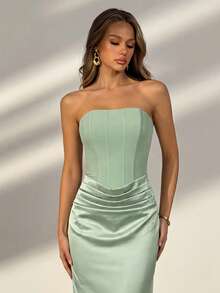 绿色优雅无肩带褶皱长裙 - 系带露背，修身胸衣，适合婚礼宾客、正式晚宴、夏季度假、浪漫约会、庆典、时尚聚会、毕业派对等场合。 - 薄荷綠 - 查看 4