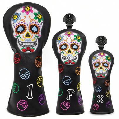 1pc Personalized Creative Golf Club Head Cover, Skull Embroidery PU Universal Driver Fairway Hybrid Golf Club Protector