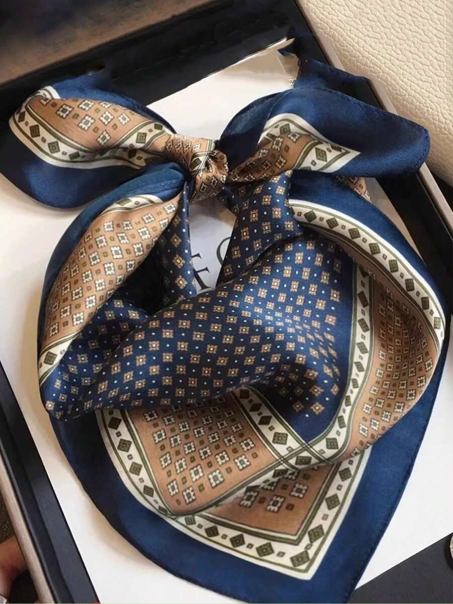 1pc Elegant Navy Blue Satin Square Scarf - A Non-Stretch Soft Scarf Suitable For All Seasons, Beach Parties And Winter Wear - A Luxurious Windproof And Breathable Square Patterned Scarf, Suitable As A Holiday Gift, Fishnet Bag Accessory, Packaging Decoration, Clothing Accessory, Women's Jewelry Accessory, Suitable For Mother's Day, Back To School Season And Women's Birthday Gifts,Accsesories,Travel Essential - Multicolor - View 1