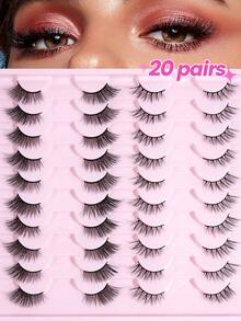 20对猫眼假睫毛，纤长柔软3D仿貂毛睫毛，卡通风格可重复使用，猫眼仿貂毛睫毛性感美睫，3D仿貂毛睫毛柔软自然妆容睫毛 - 黑色 - 查看 6