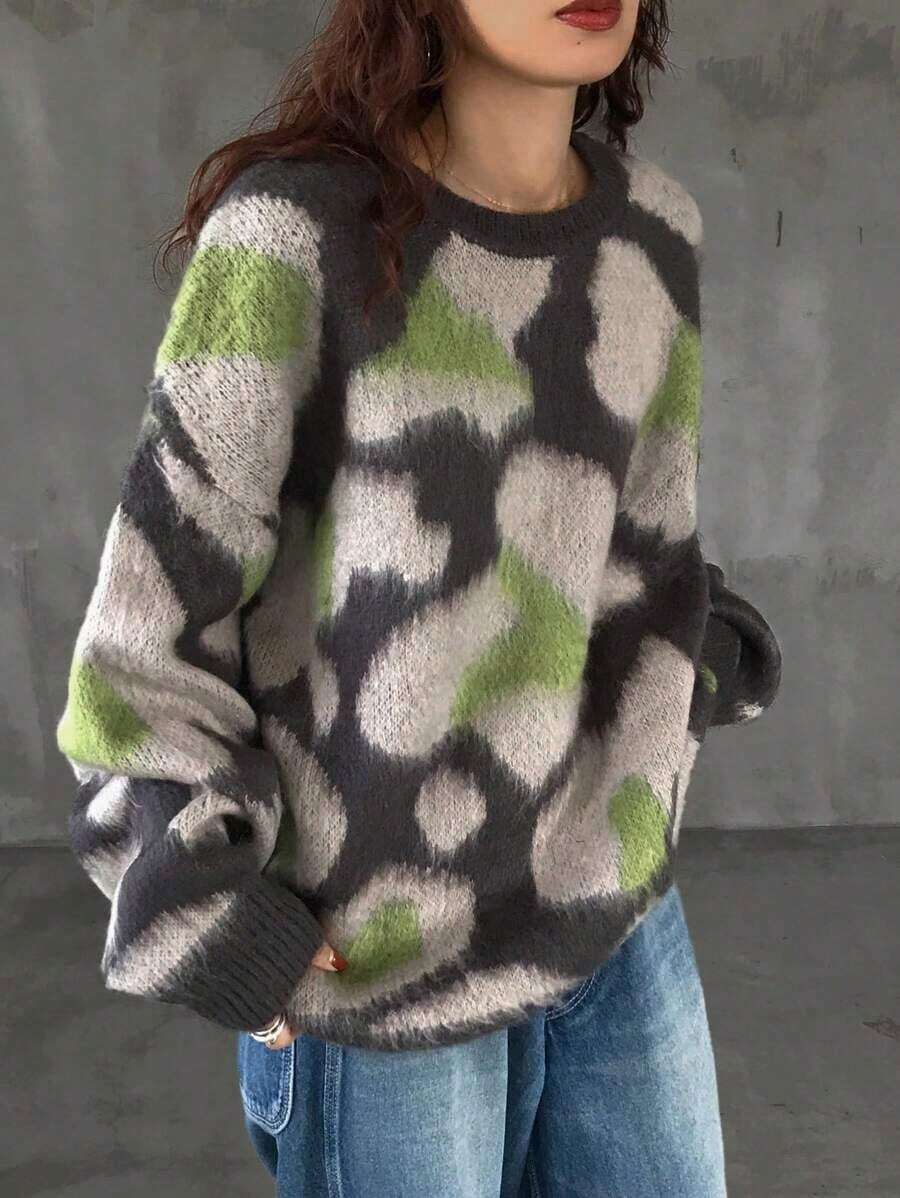 Suéter casual de cuello redondo con estampado completo y manga larga para mujer, prenda versátil ideal para el otoño. - Verde - Ver 1