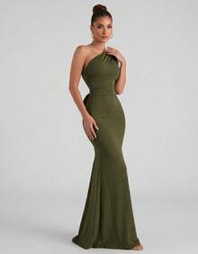 Women's One-Shoulder Long Dress With Open Back And Tie Detail For Parties - 軍綠色 - 查看 2
