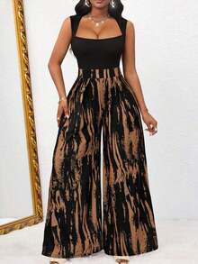 Women's And Elegant One-Piece Jumpsuit With Shoulder-To-Waist High-Rise And Wide With Color Contrast Printed Stripes And Elegant Sleeveless Design Jumpsuit Summer Vacation - 咖啡棕 - 查看 8