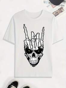 Camiseta Con Estampado De Mano De Calavera, Para Hombres, Casual De Manga Corta Para Verano, Primavera Y Otoño, Tops Como Regalos - Blanco - Ver 5