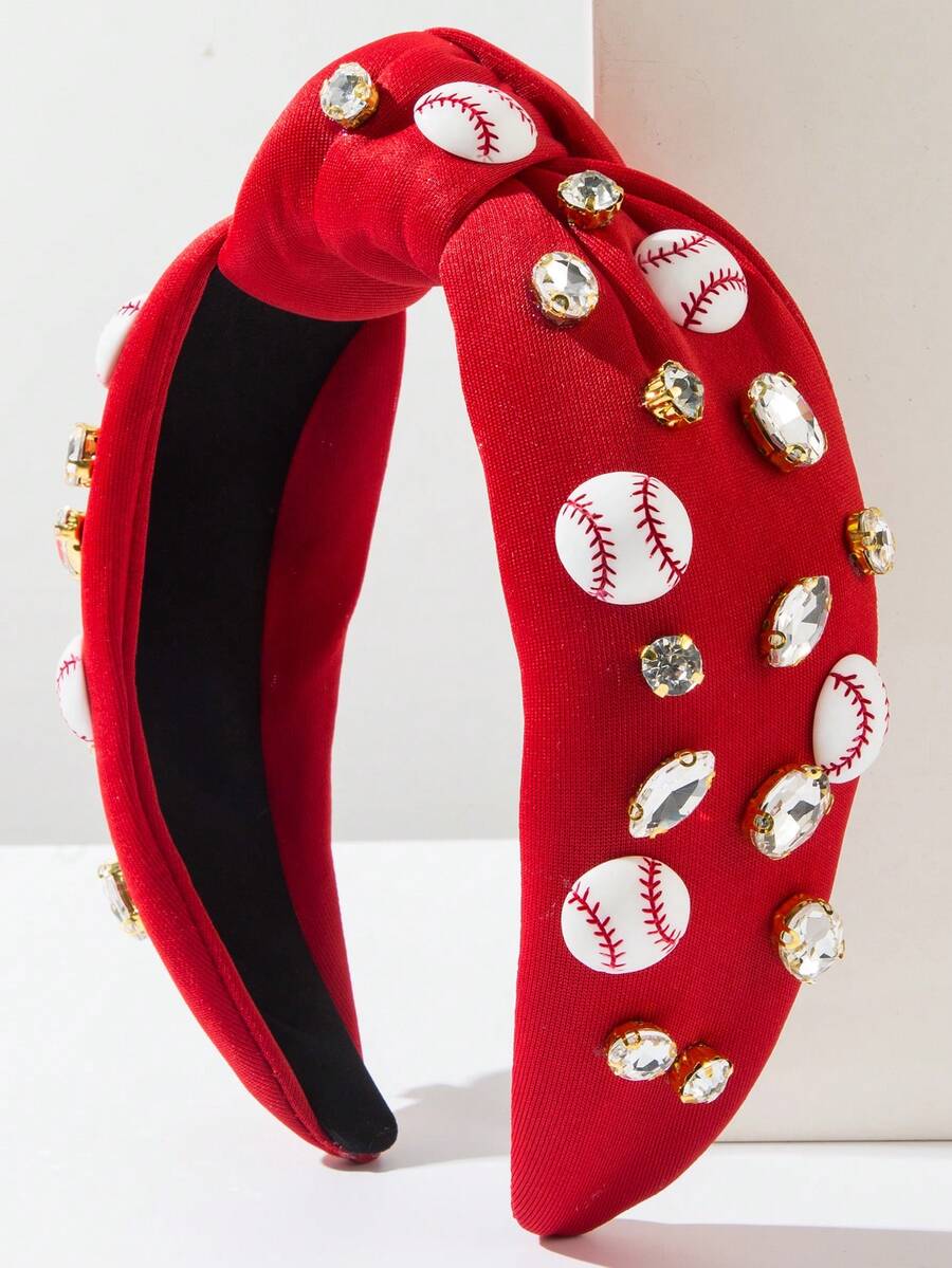 1pc Solid Color Fabric Knotted Headband, Fashionable Minimalist Sparkling Rhinestone Sports Style Hair Accessory, Creative Sports Headband Travel Accessories Hair Band Diadema Hair Hoop - Red - View 1