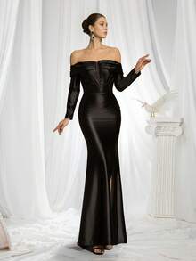 VIPGIRL Elegant Luxury Women's Long Satin Formal Dress, Featuring Pleated Bust Detail And Contrast Mesh Strapless Design Party Spring Wedding Black - Black - View 5