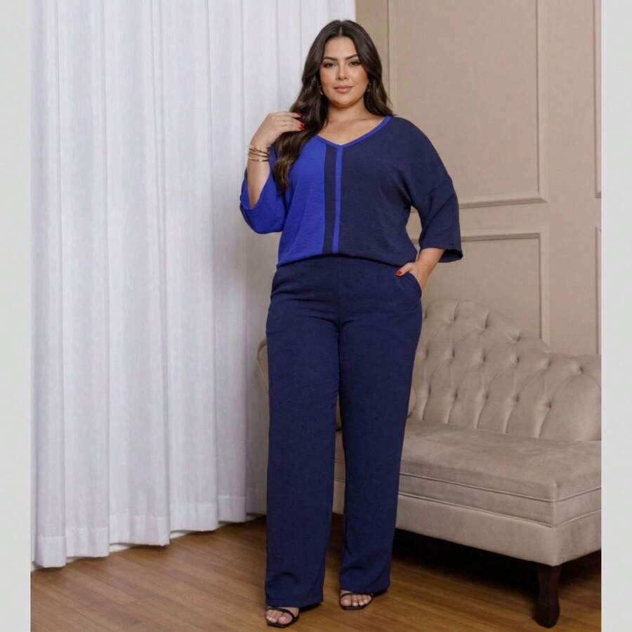 Maison Set: Raglan Sleeve Blouse And Plus Size Summer Pants - Royal Navy - View 1