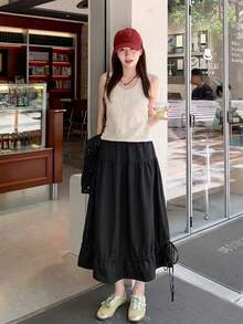 女士优雅休闲甜美高腰多层中长裙 - 柔软缎面般轻盈面料，纯黑色，可调节抽绳，适合春夏日常穿着、约会、周末聚会、派对、外出等场合。 - 黑色 - 查看 8