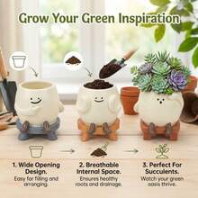 1 pièce Pot de fleurs créatif en forme de personnage assis, pot de plante succulente mignon au visage souriant, décoration de bureau d'intérieur et d'extérieur pour la maison - multicolore - Voir 3