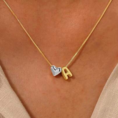 1件装不锈钢镀18K金个性化心形字母项链，3D彩色泡泡字母名字吊坠项链，女士字母心形项链，精致“泡泡心形”吊坠，简约字母项链，时尚珠宝礼物，适合女性和青少年