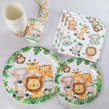 绿色边缘动物纹一次性餐具套装，包括7/9英寸纸盘、纸杯、餐巾纸，适用于生日派对、节日派对、野餐、庆典、婚礼茶会、毕业典礼等场合。 - 多色 - 查看 5