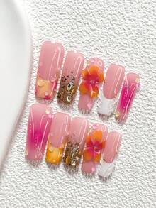 10Pcs Sweet French Style Handmade Nail Art Set,Polygel Nail Set,Hand-Sculpted Five-Petaled Flower,Champagne-Colored Teardrop Diamonds Nail Art Accessories,Hand-Painted Solid Color Water Droplets,White Branch Polka Dots,White And Yellow Nail Polish,Comes With Nail Tools(1 Sheets Jelly Stickers+1PC Nail File)3 Sizes Available,Almond Nails, Duck Nails,Coffin Nails - 彩色 - 查看 15