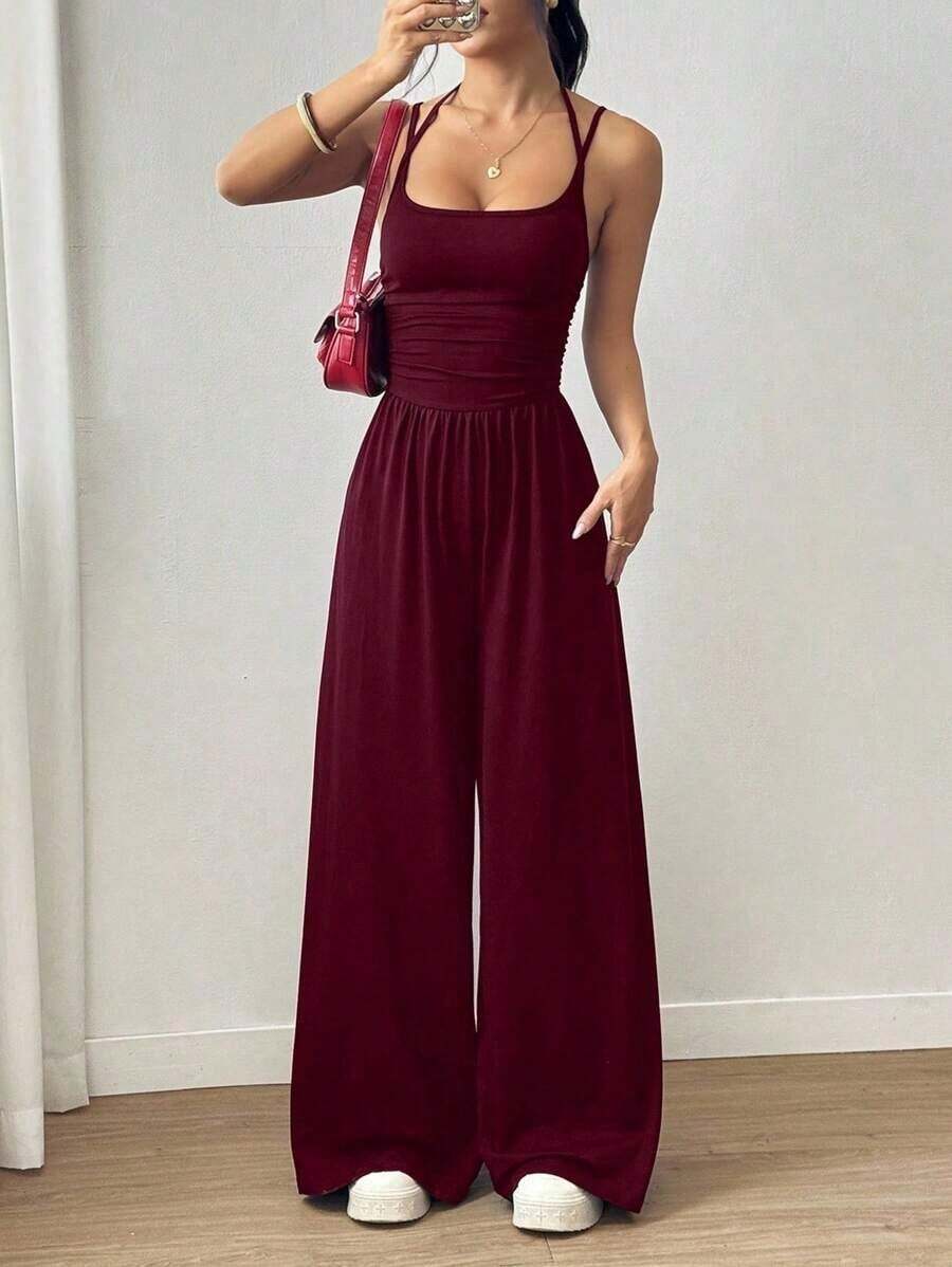 Unity Mono recto suelto y plisado informal para mujer, con tirantes ajustables, apto para primavera/verano - Burdeos - Ver 1