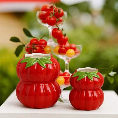 Creative Tomato Shaped Ceramic Vase, Hand-Painted Red Fruit Series Desktop Decor, Modern Farmhouse Style Home Accessory, Living Room Dining Room Flower Pot, Housewarming Gift