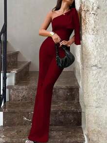Women's Sexy Elegant Asymmetric Shoulder High Waist Black Jumpsuit |   Sexy, Slim-Fit, Elegant, Suitable For Parties, Casual Wear, And Nightclub Outfits Summer - 酒紅色 - 查看 5