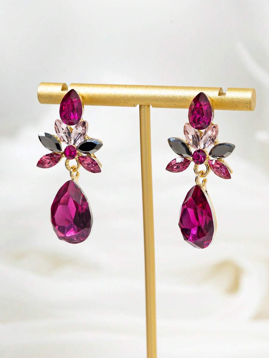 1 Paar fuchsiafarbene Ohrringe für Frauen mit bunten Blumen-Diamant-Tropfenform, geeignet für Ausgehen - Heißes Pink - Übersicht 1