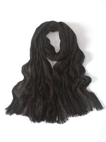 1件亚麻纯色头巾，穆斯林人造丝褶皱流苏边头巾，适合搭配长袍，夏季沙滩围巾/披肩 - 彩色 - 查看 20